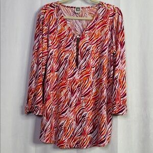 Anne Klein Animal Print Multicolor Zip Front Logo 3/4 Sleeve V-Neck Blouse